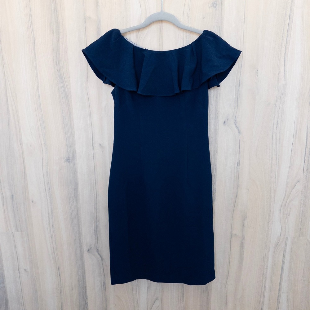 Eliza J Off Shoulder Sheath Dress 6P Navy Ruffle Lace Back Classic Cocktail Chic